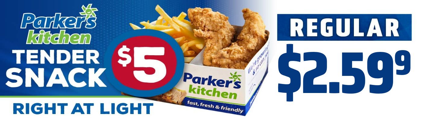 Parker's Kitchen Tender Snack promotion with a store-specific regular fuel price and a Right at Light directional message